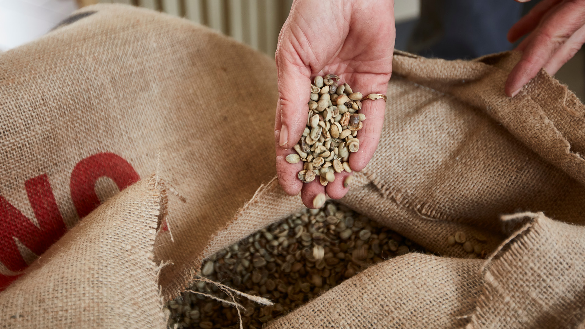 El café verde en los característicos sacos de yute en nuestra empresa.