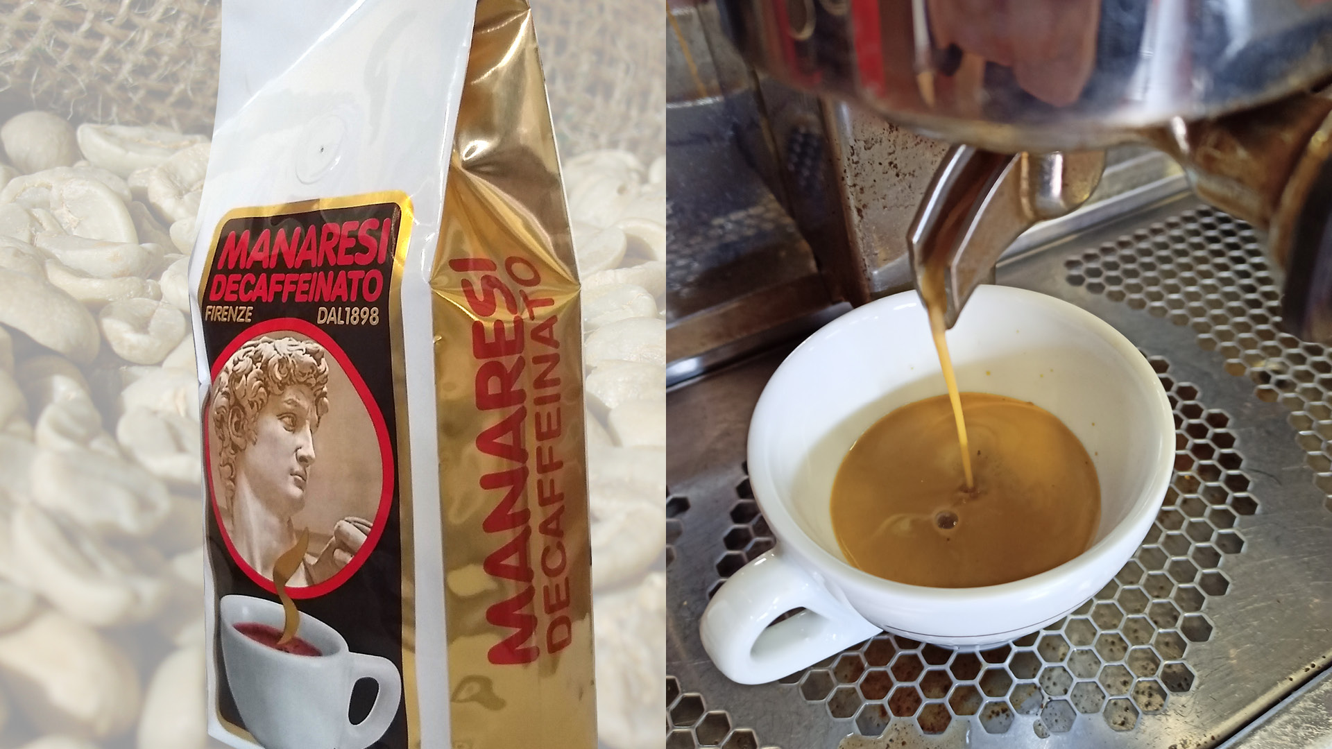 A sinistra il pacchetto del nostro caffè decaffeinato e sulla destra il caffè espresso preparato in azienda per testare le nostre miscele e tostate.