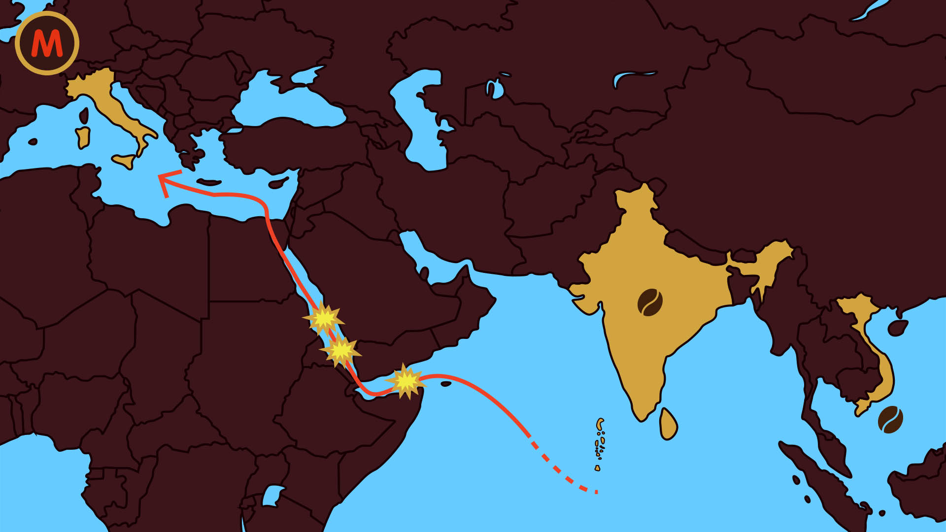 La variedad de café Robusta que utilizamos en Il Caffè Manaresi, por ejemplo, proviene principalmente del sudeste asiático, India y Vietnam. Su suministro se realiza por mar a través de la ruta del canal de Suez, actualmente afectada por una extrema inestabilidad política y tensiones militares.