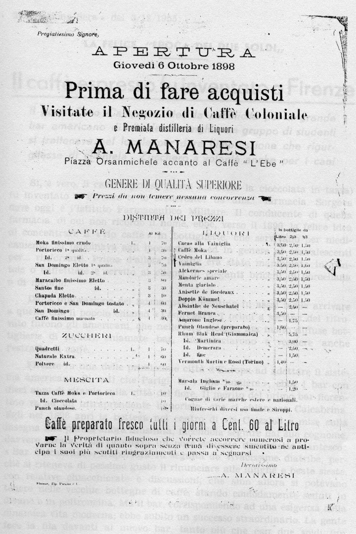 Il listino de Il Caff de' Ritti del 1898